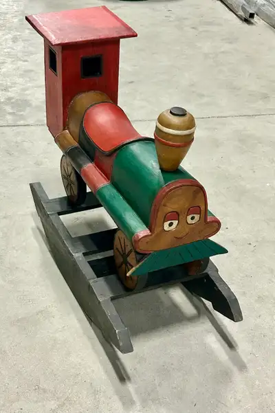 Vintage Solid TRAIN LOCOMOTIVE Themed Wooden Child’s Rocker, View more