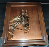 Vintage relief copper sculpture horse 3D wall art.