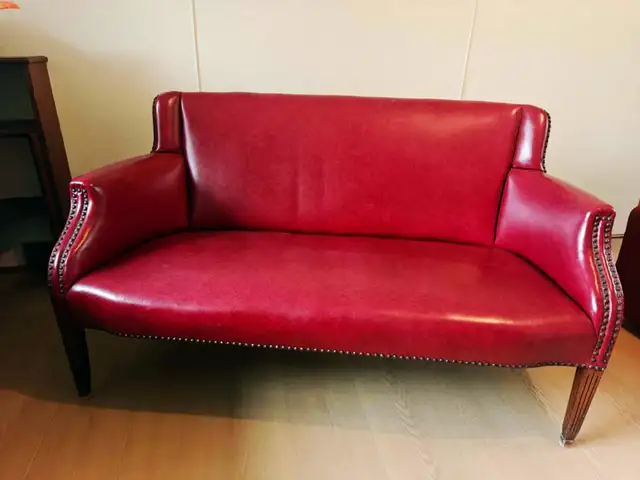 Vintage Burgundy Vinyl Loveseat • Nailhead Trim • 60” Settee