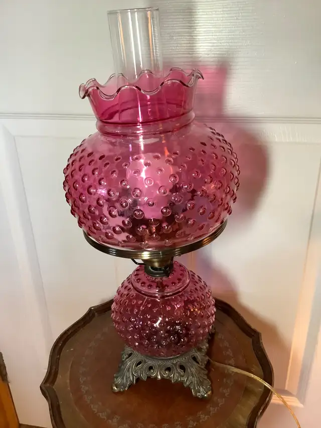 Vt Cranberry Red Hobnail Hurricane Double Lt Lamp Bronzed Base in Indoor Lighting & Fans in Belleville - Image 2