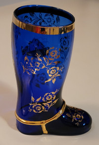 Vintage San Marino Cobalt Blue Glass Boot Glass w/ Gold Flowers
