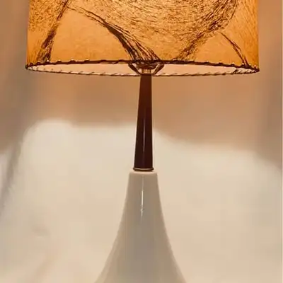 Mid-Century White Ceramic Walnut Table Lamp Fibreglass Lampshade, View more