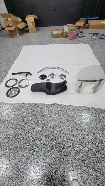 Lexan harley fairing Drag specialties predator 2 up seat/SOLD Derby cover and points cover Stock han...