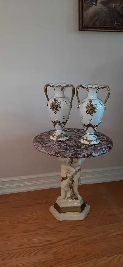 Portugese made and hand painted 13 in vase with 6 in center $30 for both or $20 each