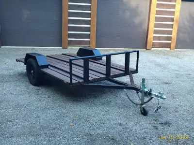 2" class 2 hitch 10 feet long 6 feet wide Steel frame Wood deck 55" between the wheel fenders 19" un...