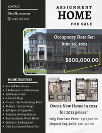 Assignment Sale - Cobourg Stacked Townhome (2Bdrm, 1.5Baths)