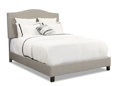 Upholstered Slats Bed in Grey Fabric with Nailhead Design headbo, View more