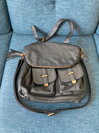 Leather (faux) bag with strap and zippered/magnetic pockets