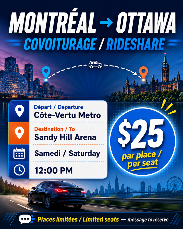 Montreal - Ottawa 12:00 Saturday noon rideshare