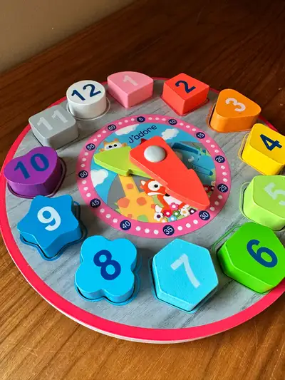 J'Adore Wooden Shape Sorter Clock puzzle - clock hands rotate, View more