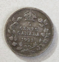 Extremely Rare Circulated 1921 Canadian Silver $.05c Nickel Coin