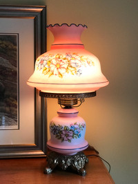 Large Vintage Pink Hurricane Lamp with Floral Design