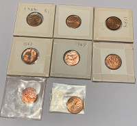 8 Canadian uncirculated penny coins, 1962-1975