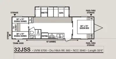 This used K-Z Jag 32JSS travel trailer is a spacious 33'6" camper perfect for family adventures, fea...