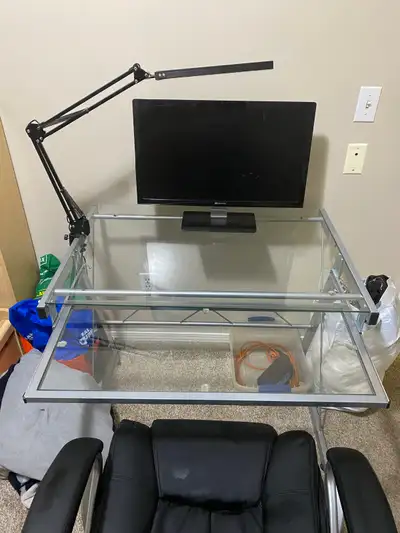 Modern Glass Desk For Sale Includes Leather Chair & LED Light, View more
