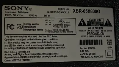 PART NUMBER: XBR-65X800G BOARD NUMBERS: A-5000-996-A Main Board, 1-001-390-13 Power Supply, 1-001-50...