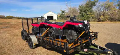 - Two manual 2017 Honda Rancher TRX 420's - Low km's and hours - PJ utility trailer - full back ramp...