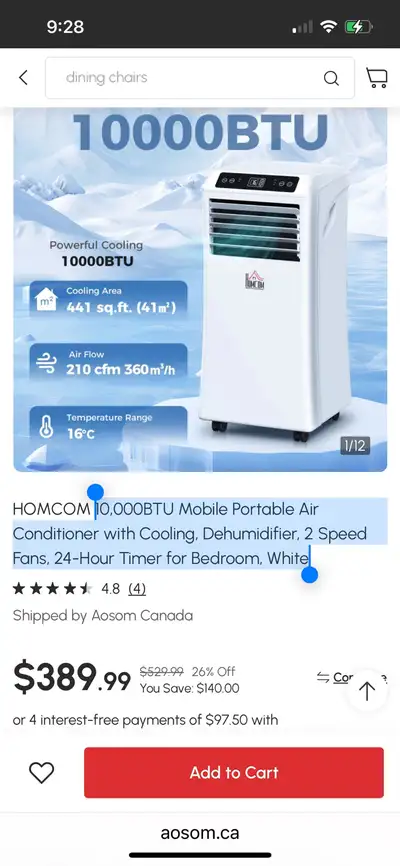 10,000BTU Mobile Portable Air Conditioner  Cooling，Dehumidifier , View more