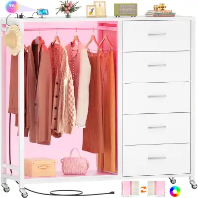 Cyclysio Dresser with Hanging Rack, 5 Fabric Drawers  , View more