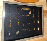 Shadow box with vintage fishing lures