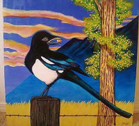 Magpie and Cottonwood, large mixed media painting on wood