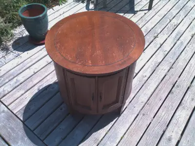 Antique vintage solid wood side table cabinet with 2 doors. Solid and sturdy. Has scratches and wear...