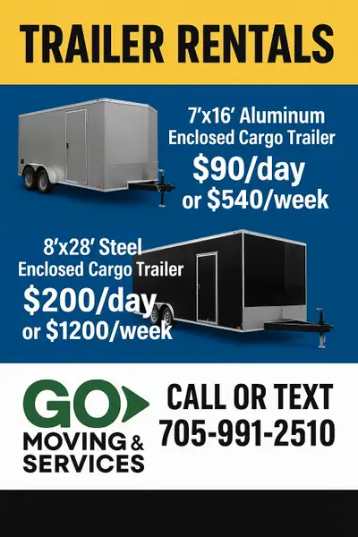 Looking to move some items? We offer 7'x16' aluminum and 8'x28' steel enclosed cargo trailer rentals...