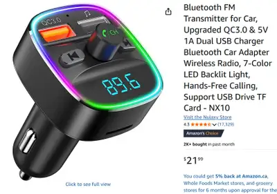 Nulaxy Bluetooth FM Transmitter for Car, USB Charger, USB, TF, View more