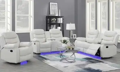 Leather Reclining Sofa Set with Cup Holders and LED, View more