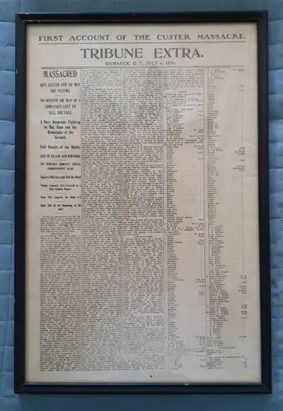 Framed FIRST ACCOUNT OF THE CUSTER MASSACRE, Bismarck, Dakota Territory Tribune newspaper, 1876