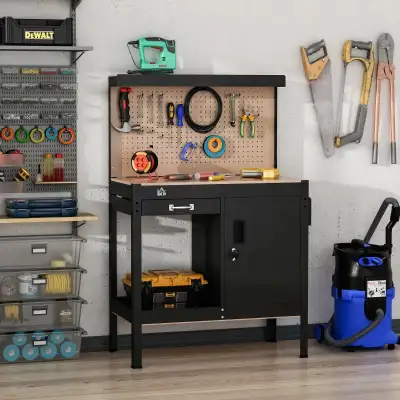 Multipurpose Tool Workbench for Garage, Garage Bench with Storage Drawer, Peg Board, Lockable Cabine...