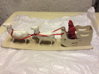 Vintage  Sleigh With Celluloid Santa And Reindeer