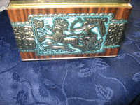 old Pressed tin coin box with key
