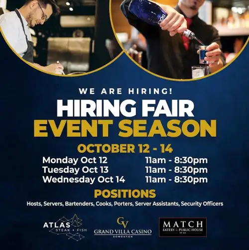 F&B Hiring Event Oct 12-14 Multiple Roles Grand Villa Ice District 11am-8:30pm Looking for a job in...
