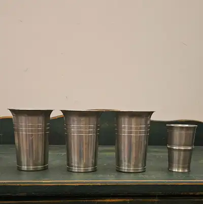 SET OF 3 VINTAGE SIGNED SKS ZINN REIN PEWTER CUPS 3.5 INCHES TALL TUMBLR GOBLET CUP AND 1 VINTAGE SI...