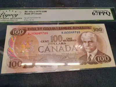 1975 Canada $100 Banknote. Uncirculated. Certified., View more