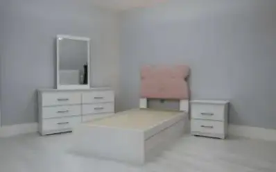 White Twin Bed Frame with Pink Bear Headboard, View more