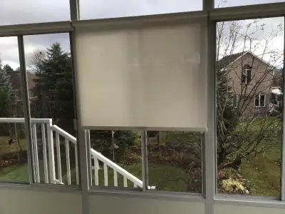 Three white pull-down blinds, each measuring 42 1/2” wide x 56” long. Can be adjusted to any length....