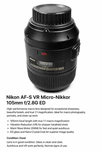Nikon AF-S VR Micro-Nikkor 105mm f/2.8G IF-ED Lens, View more