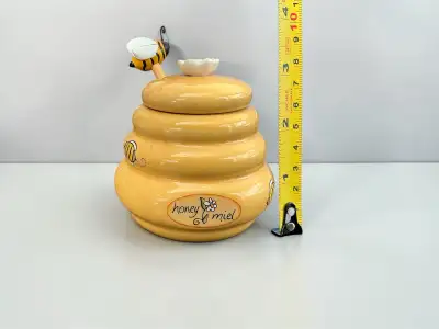 Mini pot à miel en céramique ruche, plongeur en bois., View more
