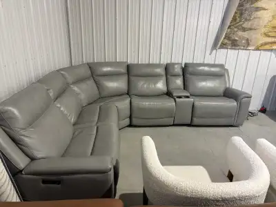 Grey leather 6 piece power reclining sectional , View more