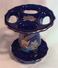 TOOTHBRUSH HOLDER-Cobalt Blue w Pheasants, Floral-Gold Trim-MINT