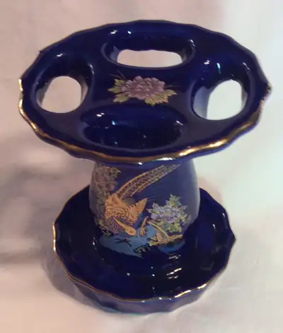 TOOTHBRUSH HOLDER-Cobalt Blue w Pheasants, Floral-Gold Trim-MINT, View more