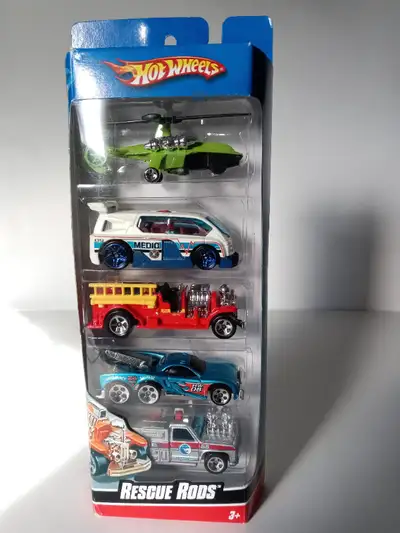 HW 5-pack "RESCUE RODS" #L9961 issued 2008 and includes: Sky Knife, Hyperliner, Tow Jam, Old Number...