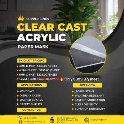 Durable and crystal-clear 1/2’’ cast acrylic sheets – perfect for construction, signage, displays, a...