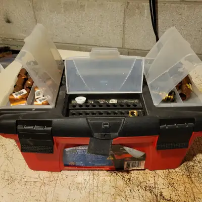 Tool box and plumbing supplies, View more
