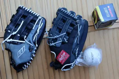  2 EXTRA-LARGE MEN’S SOFTBALL GLOVES + 2 OFFICIAL 12” SOFTBALL, View more