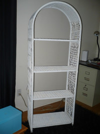 WHITE WICKER  BOOKCASE 65 INCHES HIGH IN VERY GOOD COND.