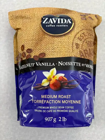 Indulge in the delightful flavour of Zavida Hazelnut Vanilla Medium Roast Premium Whole Bean Coffee,...