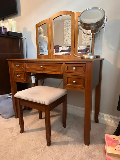 Solid Wood Vanity Table Set with Tri-Fold Mirror & Bench, View more